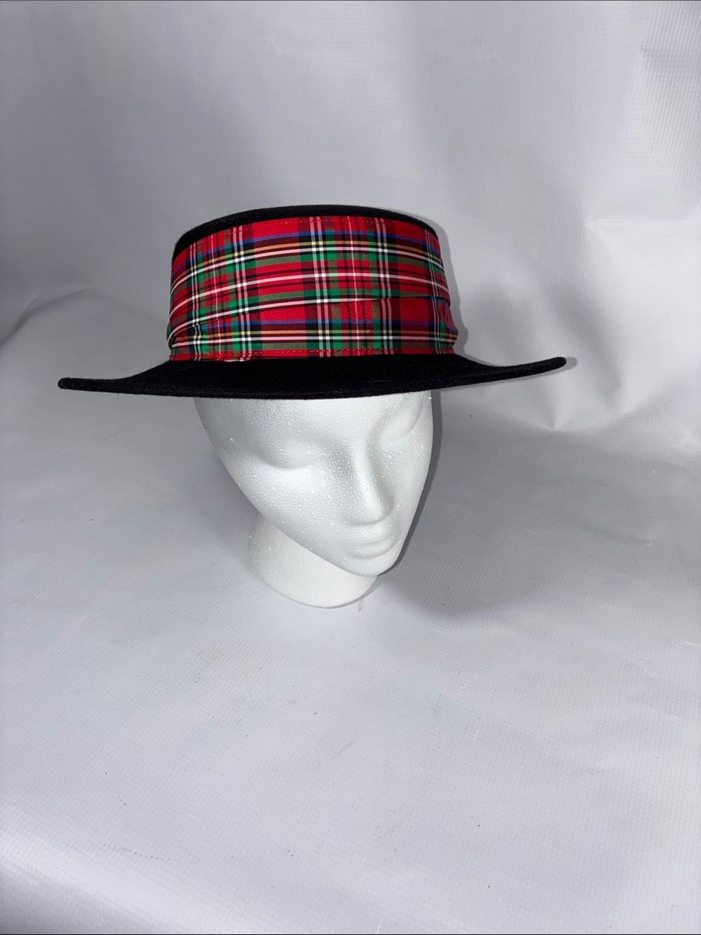 Vintage black felt hat  with Red plaid bow